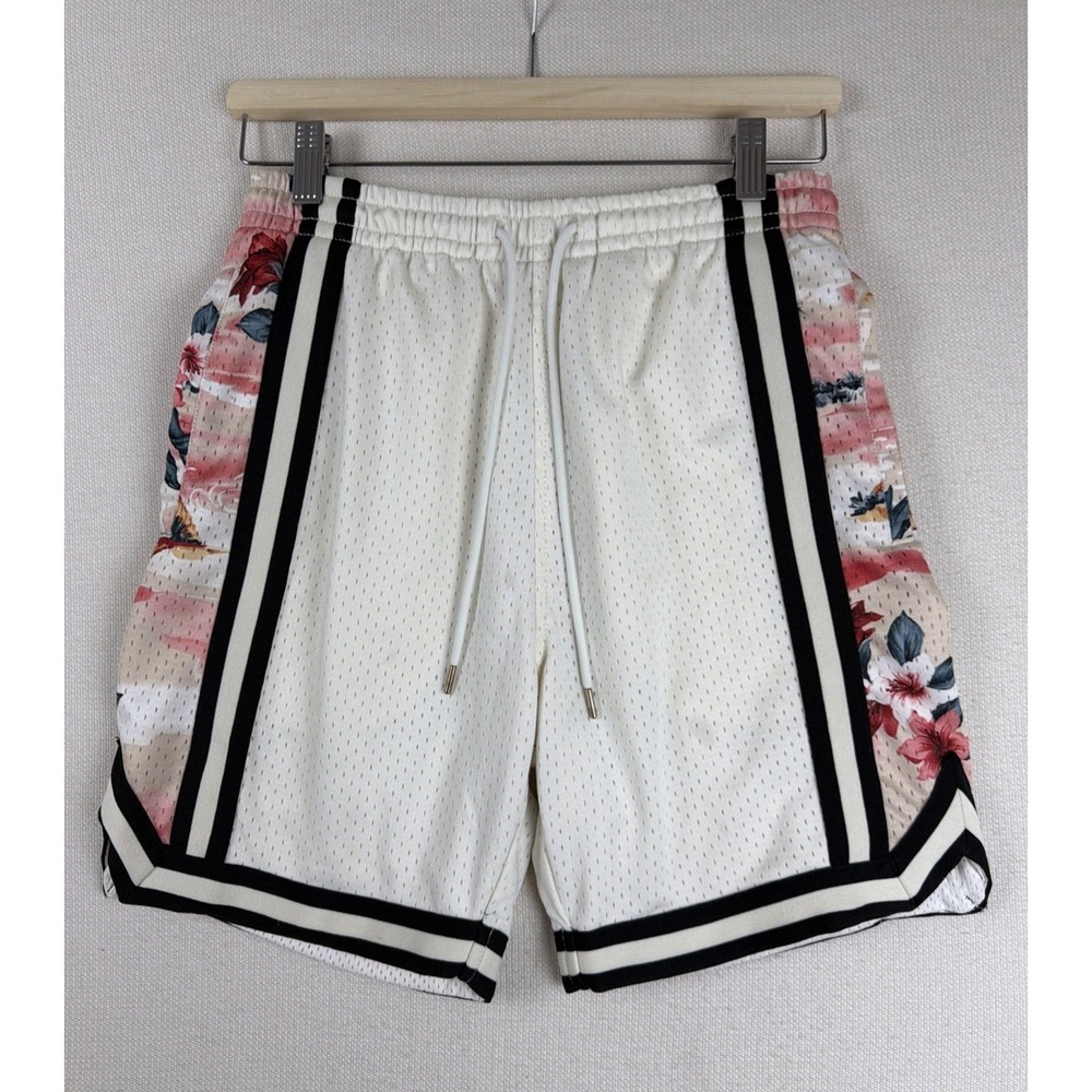 Footlocker LCKR Mens Mesh Athletic Gym Shorts Size S Ivory Floral Black Trim